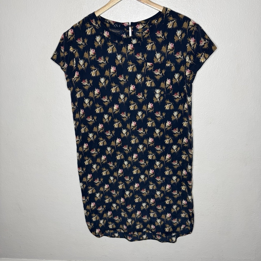 New‎ Pendleton Silk Navy Rose City Floral Shift Short Sleeve Dress Women's Small